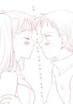  1girl artist_name bangs blush breasts buttons closed_eyes couple diane_(nanatsu_no_taizai) greyscale harumiya imminent_kiss king_(nanatsu_no_taizai) medium_breasts monochrome nanatsu_no_taizai sweatdrop 