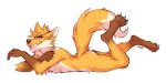  2018 4_toes 5_fingers anthro blue_eyes canine digitigrade fox fur lukiri lying male mammal nude on_front orange_fur simple_background smile solo toes white_background 
