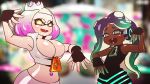  2018 5_fingers beauty_mark big_breasts black_hair body_swap breasts buckteeth cleavage clothed clothing dark_skin digital_media_(artwork) duo female fingerless_gloves flat_chested gloves hair hi_res humanoid inkling light_skin looking_at_viewer marina_(splatoon) midriff mikeinel navel nintendo not_furry octoling open_mouth pearl_(splatoon) pose purple_hair splatoon teeth tentacle_hair tentacles video_games yellow_eyes 