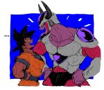  2boys black_eyes black_hair blue_background commentary_request cowboy_shot dougi dragon_ball dragon_ball_z eye_contact frieza hand_on_hip height_difference horns kokusoji looking_at_another looking_down male_focus multiple_boys nervous nervous_smile open_mouth profile red_eyes short_hair simple_background son_gokuu spiked_hair sweatdrop teeth two-tone_background upper_body white_background wristband 