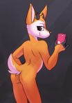  2018 aggressive_retsuko anthro butt cellphone cervine digital_media_(artwork) female fur hi_res horn kirandash looking_at_viewer looking_back mammal nude orange_fur phone selfie simple_background smile solo tsunoda 