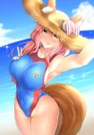  animal_ear_fluff animal_ears arm_up armpits bangs bare_shoulders beach blue_sky blue_swimsuit blush bow breasts collarbone commentary_request competition_swimsuit covered_navel day ears_through_headwear fate/extra fate_(series) fox_ears fox_tail hair_between_eyes hand_on_own_chest hat highleg highleg_swimsuit hips kirisaki_byakko large_breasts long_hair looking_at_viewer ocean one-piece_swimsuit pink_hair sky smile solo sparkle straw_hat sun_hat swimsuit tail tamamo_(fate)_(all) tamamo_no_mae_(fate) thighs tongue tongue_out yellow_eyes 