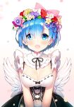  :d angel_wings ayamy bangs blue_eyes blue_hair blunt_bangs blush breasts cleavage collarbone commentary_request detached_collar eyebrows_visible_through_hair eyes_visible_through_hair flower flower_wreath frills hair_flower hair_ornament hair_over_one_eye hair_ribbon head_wreath korean_commentary looking_at_viewer maid open_mouth partial_commentary pink_ribbon purple_ribbon re:zero_kara_hajimeru_isekai_seikatsu rem_(re:zero) ribbon ribbon-trimmed_clothes ribbon_trim short_hair simple_background smile solo underbust wings x_hair_ornament 