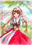  apple bangs basket bonnet braid brown_hair coat commentary_request cordelia_(saga) cowboy_shot day dress flower flower_arch food fruit grapes grass hand_in_hair hand_up head_scarf juliet_sleeves long_hair long_sleeves outdoors pink_flower pink_rose puffy_sleeves red_dress red_eyes rose saga saga_frontier_2 sio2_(nisankakeiso) sky smile solo striped swept_bangs traditional_media tree twin_braids vertical_stripes very_long_hair vest wing_collar 