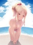  absurdres all_fours backlighting bangs beach blonde_hair blue_sky bow breast_squeeze breasts cait cleavage closed_mouth cloud cloudy_sky collarbone day drill_hair dutch_angle eromanga_sensei eyelashes fingernails fisheye hair_bow hair_ornament head_tilt highres looking_at_viewer medium_breasts navel nipples nude ocean outdoors paid_reward parted_bangs patreon_reward ponytail red_bow ringlets sand shiny shiny_skin sidelocks sky smile solo thigh_gap twin_drills water yamada_elf 
