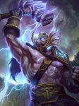  abs blonde_hair blue_eyes cloud cloudy_sky electricity fur_trim gloves glowing glowing_eyes hammer helmet jon_neimeister long_hair male_focus mask nipples official_art open_mouth shirtless sky smite solo teeth thor_(smite) 