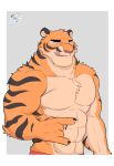 2018 abs anthro biceps clothing digital_media_(artwork) feline fur jazcabungcal male mammal muscular muscular_male pecs simple_background stripes tiger 