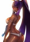  ass bangs bare_shoulders bikini blush breasts commentary_request dark_skin earrings eyebrows_visible_through_hair facial_mark fate/grand_order fate_(series) highres jewelry large_breasts long_hair looking_at_viewer looking_back nitocris_(fate/grand_order) nitocris_(swimsuit_assassin)_(fate) open_mouth ponytail purple_eyes purple_hair rahato shiny shiny_skin sidelocks simple_background solo swimsuit very_long_hair 