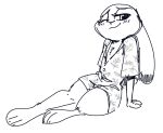  2018 anthro barefoot bedroom_eyes blush bottomless chest_tuft clothed clothing dipstick_ears disney female fuel_(artist) greyscale half-closed_eyes hawaiian_shirt judy_hopps lagomorph looking_at_viewer mammal monochrome one_eye_closed rabbit seductive shirt simple_background sitting smile smirk solo tuft white_background zootopia 