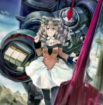  bow commentary dress drill_hair goggles goggles_on_head green_eyes hair_bow highres long_hair maria_balthasar mecha mozuyun pantyhose ribbon robot science_fiction seibzehn skirt solo xenogears yellow_bow 