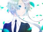  androgynous blurry_foreground colored_eyelashes eyebrows_visible_through_hair gem_uniform_(houseki_no_kuni) ghost_quartz_(houseki_no_kuni) grey_eyes grey_hair highres houseki_no_kuni kokemaru_(12tama02) leaf looking_away necktie short_hair short_hair_with_long_locks silver_eyes silver_hair sparkle upper_body white_background white_eyes white_hair 