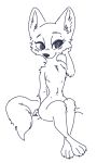  2018 anthro bedroom_eyes blue_and_white canine cheek_tuft chest_tuft claws crossed_legs disney female flat_chested fox fuel_(artist) half-closed_eyes hand_on_cheek looking_at_viewer mammal monochrome nude seductive simple_background sitting skye_(zootopia) smile solo toe_claws tuft white_background zootopia 