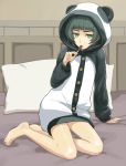  absurdres bangs barefoot bed blunt_bangs flat_chest food full_body green_eyes green_hair highres hiyajou_maho hood hoodie legs_together looking_at_viewer menomorute panda_hood pillow popsicle solo steins;gate steins;gate_0 thick_eyebrows 