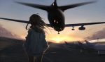  aircraft airfield airplane brown_hair cloud commentary day english_commentary from_behind grey_jacket hands_in_pockets jacket landing lens_flare lighting litra_(ltr0312) long_hair long_sleeves looking_at_airplane motion_blur original outdoors runway scenery simple_background sky sunset 