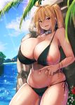  ahoge bare_shoulders beach belly bikini black_bikini blonde_hair blush bracelet breasts cleavage collarbone day flower groin highres huge_breasts jewelry kirome_(kamipaper) long_hair looking_at_viewer navel necklace nipple_slip nipples original palm_tree red_eyes ring saaya_(kirome) skindentation smile solo sunlight sweat swimsuit thighs tree twintails water 