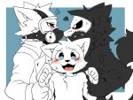  &lt;3 anthro biped black_fur blush canine changed_(video_game) dr.k_(changed) fluffy fur goo_creature lab_coat lin_(changed) male mammal mask monster nude puro_(changed) restrained rubber simple_background smile white_fur wolf 青夜 