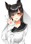  absurdres alternate_costume animal_ears atago_(azur_lane) azur_lane bangs black_hair black_sailor_collar blush breasts brown_eyes buta_tamako claw_pose collarbone commentary_request extra_ears eyebrows_visible_through_hair hair_ribbon head_tilt highres large_breasts long_hair long_sleeves looking_at_viewer mole mole_under_eye neckerchief open_mouth ribbon sailor_collar school_uniform serafuku smile solo sweater swept_bangs tongue uniform upper_body white_background white_neckwear white_ribbon white_sweater 