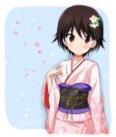  absurdres bangs blue_background blush brown_eyes brown_hair closed_mouth commentary_request cropped_torso duck_hair_ornament floral_print flower getsumen_suibaku_ver._a(c) girls_und_panzer hair_flower hair_ornament highres isobe_noriko japanese_clothes kimono looking_at_viewer obi outside_border petals pink_kimono print_kimono rounded_corners sash short_hair smile solo standing twitter_username 
