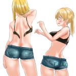  ass bismarck_(kantai_collection) black_bra blonde_hair blue_shorts blush bra breasts commentary_request cutoffs denim denim_shorts drooling from_behind highres kantai_collection large_breasts long_hair micro_shorts multiple_girls open_mouth pocket prinz_eugen_(kantai_collection) saliva shorts simple_background tama_(seiga46239239) twintails underwear undressing white_background yellow_eyes 