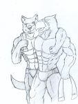  2014 abs animal_crossing anthro anthro_on_anthro anthrofied arm_around_shoulders arthur_wolfenheart avian beak biceps biped bird blep blush boxer_briefs bulge canine clothing collarbone duo embrace eye_scar eyebrows eyes_closed feather_tuft feathers fist front_view fur gingatokkyu greyscale head_tuft hi_res holding_object holding_towel humanoid_hands interspecies long_tail looking_at_another looking_at_partner male male/male mammal monochrome muscular muscular_male muscular_thighs nintendo open_beak open_mouth open_smile pecs pencil_(artwork) portrait quads scar simple_background smile standing sterling_(animal_crossing) three-quarter_portrait tongue tongue_out towel towel_around_neck traditional_media_(artwork) triceps tuft underwear video_games waist_grab white_background wolf 