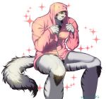  2018 absurd_res anthro black_nose bottomless canine clothed clothing fur hi_res hoodie horkeukamui kemono male mammal multicolored_fur muscular muscular_male sheepgnyook simple_background solo tokyo_afterschool_summoners white_fur wolf 