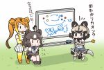  african_wild_dog_(kemono_friends) animal_ears bear_ears bow bowtie brown_bear_(kemono_friends) chibi circlet commentary_request dog_ears dog_tail elbow_gloves gloves golden_snub-nosed_monkey_(kemono_friends) grass kemono_friends kemono_friends_pavilion leotard long_hair long_sleeves marker monkey_ears monkey_tail multicolored_hair multiple_girls open_mouth playground_equipment_(kemono_friends_pavilion) ponytail pun shirt short_hair short_sleeves shorts simple_background skirt tail tanaka_kusao thighhighs translated white_background whiteboard 