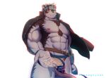  2018 abs absurd_res anthro canine clothing digital_media_(artwork) fur headband hi_res horkeukamui kemono loincloth male mammal multicolored_fur muscular muscular_male nipples pecs sheepgnyook simple_background solo tokyo_afterschool_summoners white_fur wolf 