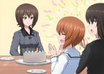  bangs birthday birthday_cake black_jacket blouse brown_eyes brown_hair cake candle closed_mouth commentary confetti dress_shirt emblem food girls_und_panzer grey_shirt jacket kuromorimine_school_uniform long_sleeves looking_at_another mother_and_daughter motion_lines multiple_girls nishizumi_maho nishizumi_miho nishizumi_shiho omachi_(slabco) ooarai_school_uniform open_mouth party_popper plate school_uniform serafuku shirt short_hair siblings sisters smile table tray white_blouse 