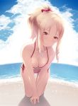  absurdres all_fours backlighting bangs beach bikini blonde_hair bow breasts cait cleavage cloud cloudy_sky collarbone day drill_hair dutch_angle eromanga_sensei fisheye hair_bow highres looking_at_viewer medium_breasts navel outdoors paid_reward parted_bangs patreon_reward pink_bikini ponytail ringlets shiny shiny_skin side-tie_bikini sidelocks sky smile solo striped striped_bikini swimsuit thigh_gap twin_drills water yamada_elf 