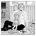  2boys aqua_eyes black_footwear black_pants brick_wall buttons cameo child collared_shirt cube drawing dress_shirt edward_elric father_and_daughter father_and_son full_body fullmetal_alchemist greyscale hanayama_(inunekokawaii) limited_palette long_hair monochrome multiple_boys on_ground pants parted_lips shirt shoes short_hair siblings sitting smile spot_color window xiao-mei yellow_eyes 