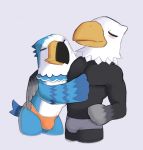  2014 4_fingers animal_crossing anthro anthro_on_anthro apollo_(animal_crossing) arm_around_shoulders avian bald_eagle beak biped bird black_beak black_feathers black_wings blue_feathers blue_stripes blue_tail blue_wings boxer_briefs bulge clothed clothing countershade_face countershade_torso countershading digital_drawing_(artwork) digital_media_(artwork) dipstick_beak duo eagle embrace eyes_closed falcon feather_hands feather_tuft feathered_wings feathers fist grey_feathers grey_wings half-length_portrait hand-on_hip hand_on_chest hand_on_shoulder head_tuft hicanyoumooforme hug lighting male male/male merlin_(bird) multicolored_feathers multicolored_wings muscular muscular_male neck_tuft nintendo pecs pierce_(animal_crossing) portrait shadow simple_background smile standing striped_feathers striped_wings stripes tail_feathers topless tuft two_tone_beak two_tone_feathers two_tone_wings underwear video_games white_background white_countershading white_feathers winged_arms wings yellow_beak 