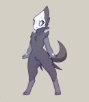  3_fingers ambiguous_gender anthro avian black_tail cel_shading conditional_dnp feather_hair feathers featureless_chest featureless_crotch grey_background grey_feathers hair nude qualzar short_hair simple_background skull_mask solo standing white_eyes 
