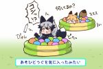  animal_ears ball_pit black_gloves black_hair blonde_hair blush bow bowtie brown_eyes chibi ezo_red_fox_(kemono_friends) fox_ears fox_tail fur_trim gameplay_mechanics gloves grass hair_between_eyes jacket kemono_friends kemono_friends_pavilion long_hair long_sleeves marker multicolored_hair multiple_girls open_mouth playground_equipment_(kemono_friends_pavilion) silver_fox_(kemono_friends) silver_hair simple_background tail tanaka_kusao translated white_background 