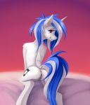  2017 anus bed blue_hair butt cutie_mark dock equine eyebrows eyelashes female feral friendship_is_magic fur hair hi_res hooves horn looking_at_viewer looking_away looking_back mammal multicolored_hair my_little_pony nude on_bed portrait pose presenting presenting_hindquarters presenting_pussy purple_background purple_eyes pussy pussy_juice rear_view rublegun simple_background smile solo two_tone_hair unicorn vinyl_scratch_(mlp) 