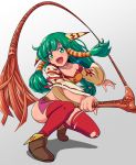  :d bangs blush breasts brown_footwear cleavage collarbone eyebrows_visible_through_hair feena_(grandia) full_body gradient gradient_background grandia grandia_i green_eyes green_hair hair_tubes holding_whip kayama_kenji long_hair long_sleeves looking_at_viewer low-tied_long_hair medium_breasts open_mouth red_legwear ribbon-trimmed_sleeves ribbon_trim shadow smile solo squatting thighhighs tiptoes whip wide_sleeves 