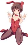  :&gt; animal_ears belt black_belt black_legwear bow bowtie bunny_ears bunny_tail bunnysuit detached_collar double_v flat_chest full_body kono_subarashii_sekai_ni_shukufuku_wo! leotard looking_at_viewer megumin pantyhose red_eyes red_leotard red_neckwear simple_background sitting solo strapless strapless_leotard tail tanaka_deshirittoru v wariza white_background wrist_cuffs 