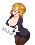  bad_id bad_pixiv_id breasts brown_hair cleavage collarbone earrings glasses hips huge_breasts id_card jewelry koizumi_hanayo looking_at_viewer love_live! love_live!_school_idol_project miniskirt office_lady older pantyhose paper pencil_skirt purple_eyes short_hair simple_background skirt smile solo white_background yuruto 