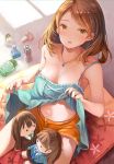  bare_shoulders bottle breasts brown_eyes brown_hair casual character_doll cleavage heri houjou_karen idolmaster idolmaster_cinderella_girls jewelry kamiya_nao midriff navel necklace off_shoulder perfume_bottle shibuya_rin shorts sitting solo sweat 