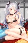  :d arm_behind_back arm_support artist_name azur_lane bangs bare_legs bare_shoulders barefoot beach_towel bikini bikini_tug black_bikini black_ribbon blush breasts cannon character_name choker cleavage collarbone eyebrows_visible_through_hair flag_print german_flag_bikini hair_between_eyes hair_ribbon head_tilt highres hitsukuya innertube large_breasts long_hair looking_at_viewer machinery multicolored_hair navel open_mouth prinz_eugen_(azur_lane) red_hair ribbon rigging shiny shiny_skin side-tie_bikini silver_hair sitting skindentation smile solo stomach streaked_hair sweat swimsuit thigh_strap thighs towel turret two_side_up very_long_hair yokozuwari 