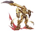  armor boots fang full_armor full_body garo garo:vanishing_line garo_(series) gloves glowing glowing_weapon gold_armor highres holding holding_sword holding_weapon huge_weapon male_focus over_shoulder red_eyes solo standing sword sword_(garo) weapon weapon_over_shoulder zhen_long 