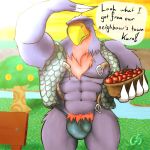  2013 abs animal_crossing anthro anthrofied avian beak belt bench big_bulge biped bird bowl bulge cherry clothed clothing dialogue digital_drawing_(artwork) digital_media_(artwork) english_text eyes_closed feather_hands feather_tuft feathered_wings feathers fingerless_(marking) food front_view fruit grass gs half-length_portrait holding_object lighting male multicolored_feathers muscular muscular_male navel neck_tuft nintendo open_clothing orange_(fruit) orange_beak outside pecs penis_outline portrait pubes purple_feathers raised_arm red_feathers river shadow skimpy sky smile solo speech_bubble standing sterling_(animal_crossing) sun sunlight text tree tuft two_tone_beak video_games white_feathers winged_arms wings yellow_beak 