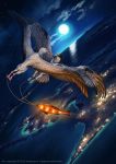  2015 anisis avian bird detailed_background digital_media_(artwork) duo feathered_wings feathers feral flying moon night outside sky star starry_sky water wings yellow_eyes 