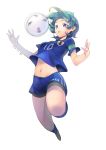  absurdres ball blue_hair highres japan jumping navel outstretched_arms purple_eyes shiroh46 smile soccer soccer_ball soccer_uniform sportswear spread_arms stomach world_cup 