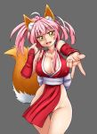  animal_ears asortofcolorfag breasts cleavage cosplay detached_sleeves fang fatal_fury fate/extra fate_(series) fox_ears fox_tail grey_background high_ponytail highres japanese_clothes large_breasts ninja no_panties open_mouth pink_hair ponytail pubic_hair revealing_clothes shiranui_mai shiranui_mai_(cosplay) simple_background snk tail tamamo_(fate)_(all) tamamo_no_mae_(fate) the_king_of_fighters yellow_eyes 
