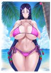  beach bikini breasts cameltoe choker collarbone commentary covered_nipples cowboy_shot eyepatch_bikini fate/grand_order fate_(series) highres hips huge_breasts long_hair looking_at_viewer minamoto_no_raikou_(fate/grand_order) minamoto_no_raikou_(swimsuit_lancer)_(fate) mogudan parted_bangs purple_bikini purple_eyes purple_hair side-tie_bikini swimsuit very_long_hair 