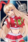  1girl :d black_panties blonde_hair blue_eyes border christmas_gift crop_top elbow_gloves eyebrows_visible_through_hair fur-trimmed_skirt fur_trim gift gloves hairband highleg highleg_panties highres holding holding_gift kaito_(kaito921125) kantai_collection long_hair looking_at_viewer miniskirt open_mouth panties red_gloves red_skirt rensouhou-chan sack santa_costume shimakaze_(kantai_collection) skirt smile snowflakes striped striped_legwear thighhighs thong underwear white_border 