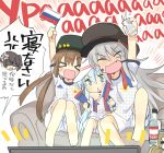  &gt;_&lt; 3girls alcohol alternate_costume anger_vein barefoot black_bow black_hat blue_eyes bow brown_hair closed_eyes commentary couch facial_scar fang flat_cap gangut_(kantai_collection) glass grey_hair hair_bow hat hibiki_(kantai_collection) highres hizuki_yayoi kaga_(kantai_collection) kantai_collection long_hair low_twintails multiple_girls open_mouth papakha polka_dot polka_dot_shirt russia russian russian_flag scar scar_on_cheek scarf shirt shorts silver_hair sitting soccer soccer_uniform sportswear tashkent_(kantai_collection) television translated triangle_mouth twintails verniy_(kantai_collection) vodka white_hat white_shirt white_shorts world_cup 