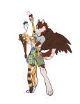  2018 4_toes 5_fingers anthro araivis-edelveys barefoot braided_hair brown_feathers brown_hair canine clothed clothing digital_media_(artwork) dog dress duo feathered_wings feathers feline female hair hug hybrid mammal simple_background smile toes white_background wings 