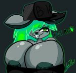  &lt;3 big_breasts black_clothing breasts clothing clothing_too_small english_text eyelashes female green_eyes green_hair grin hair hat huge_breasts lakepixel nipples smile solo text unknown_species 