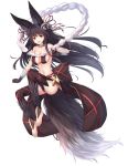  absurdres animal_ears bare_shoulders barefoot bell black_hair black_legwear blush breasts cleavage collarbone eyebrows_visible_through_hair full_body granblue_fantasy hair_bell hair_ornament highres large_breasts long_hair looking_at_viewer navel open_mouth red_eyes sideboob simple_background smile solo tail thighhighs very_long_hair white_background ym_(distance819) yuel_(granblue_fantasy) 